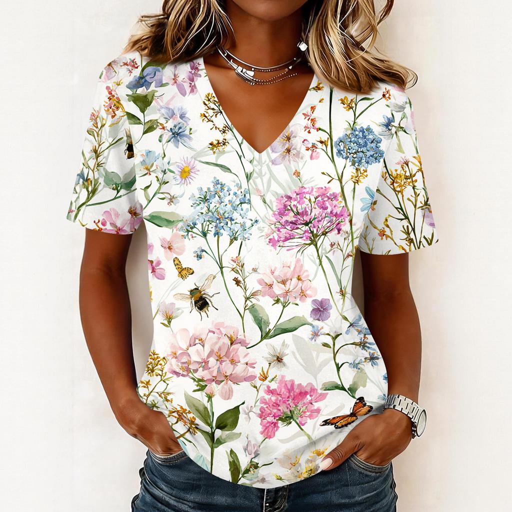 Women's fashionable casual short-sleeved floral print V-neck pullover top
