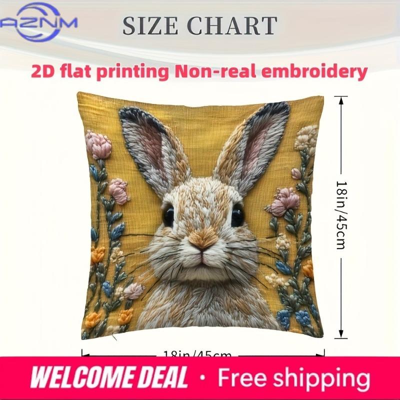 Adorable 2D Flat-Printed Bunny Embroidered Pillow Cover For Cozy Decor Sofa Cushion Cover, Home Decoration, 2D Printing