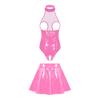 Body da donna in vernice per clubwear con scollo all'americana, stile senza cavallo, gonna a balze attaccata, dettaglio con cerniera, outfit da sera