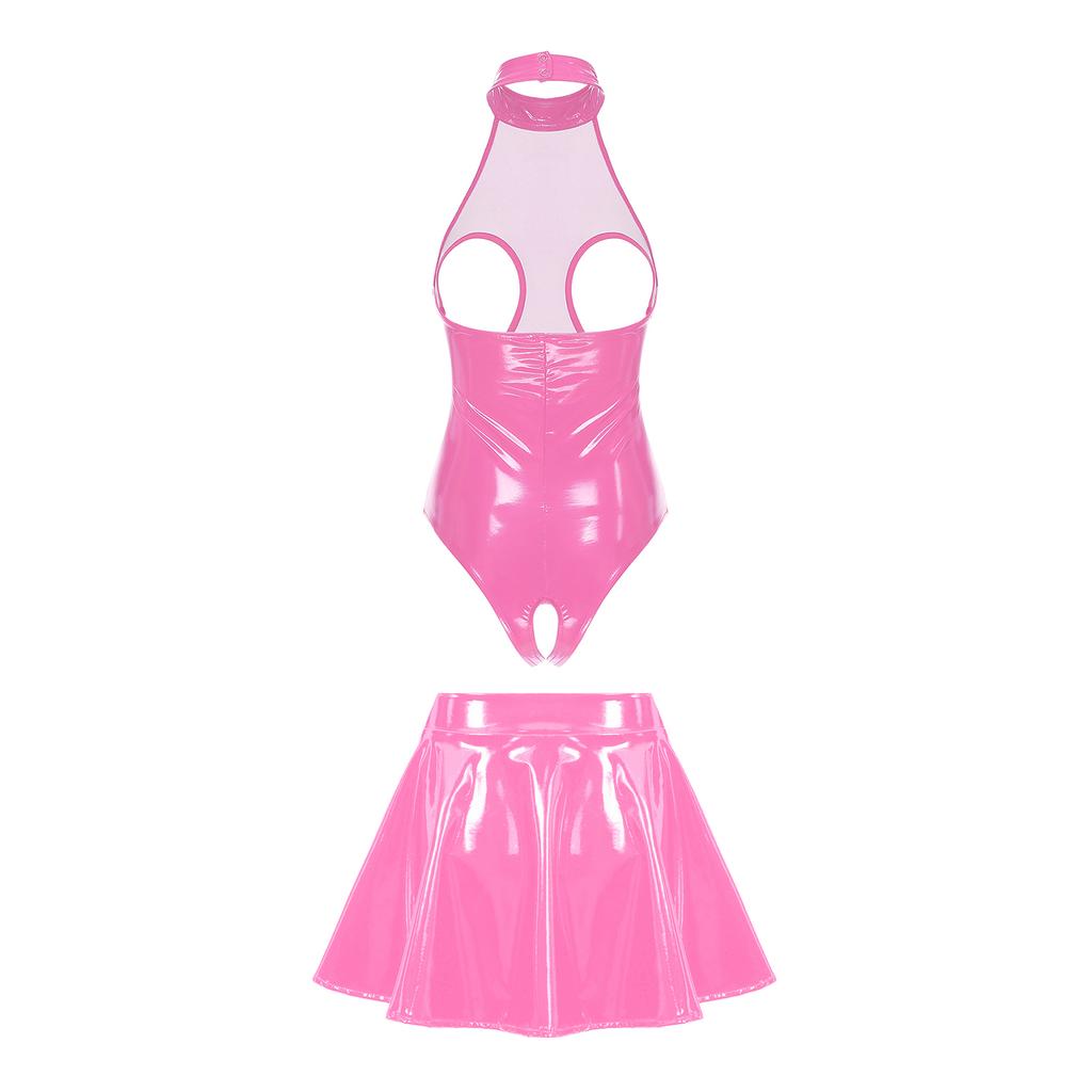 Body da donna in vernice per clubwear con scollo all'americana, stile senza cavallo, gonna a balze attaccata, dettaglio con cerniera, outfit da sera