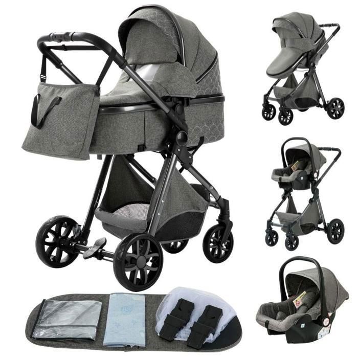 Passeggino 3 in 1 Bambino Combinato Seggiolino Auto Navicella Trio Reversibile Regolabile Alta Qualità Ruota Antiforatura Manico. Grigio scuro