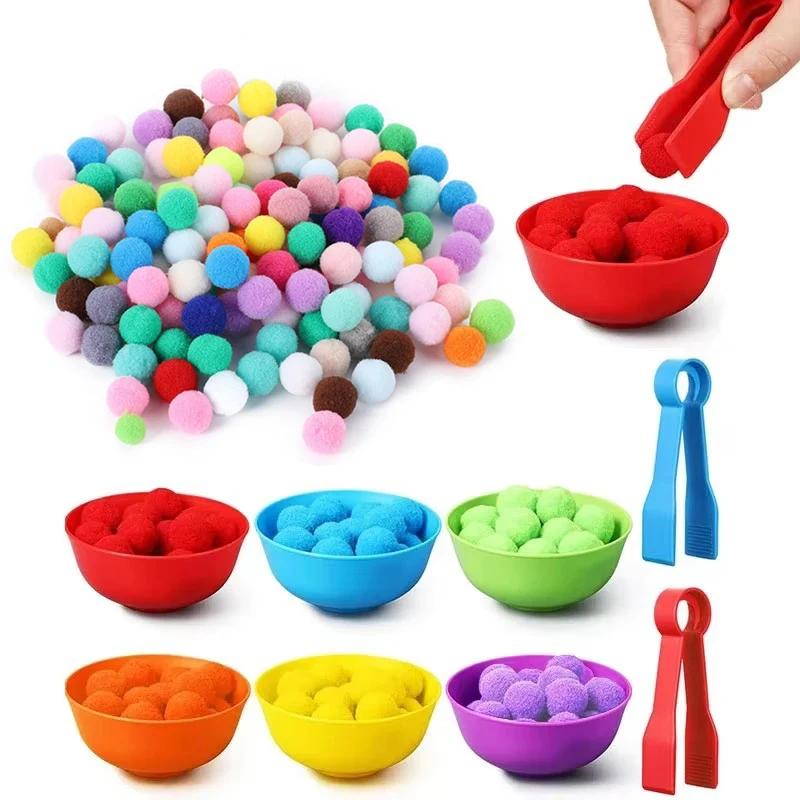 Kids Classification Cups Counting and Sorting Playthings Kit Rainbow Colors Plastic Material Bowls Tweezers Fine Motor Skill Educational Playthings