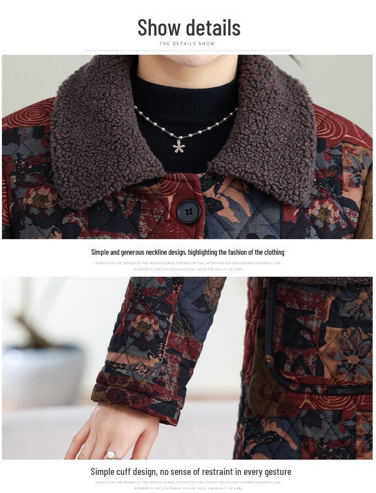 Autumn/Winter 2025 Mid-Length Plus Velvet Cotton Jacket for Stylish Middle-Aged and Elderly Women