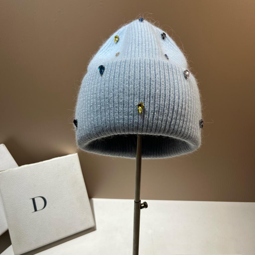 Paris Colored Diamond Light Luxury Winter Rabbit Fur Knitted Hat Personalized Youth Colorful Sweet Cool Design Wool Hat