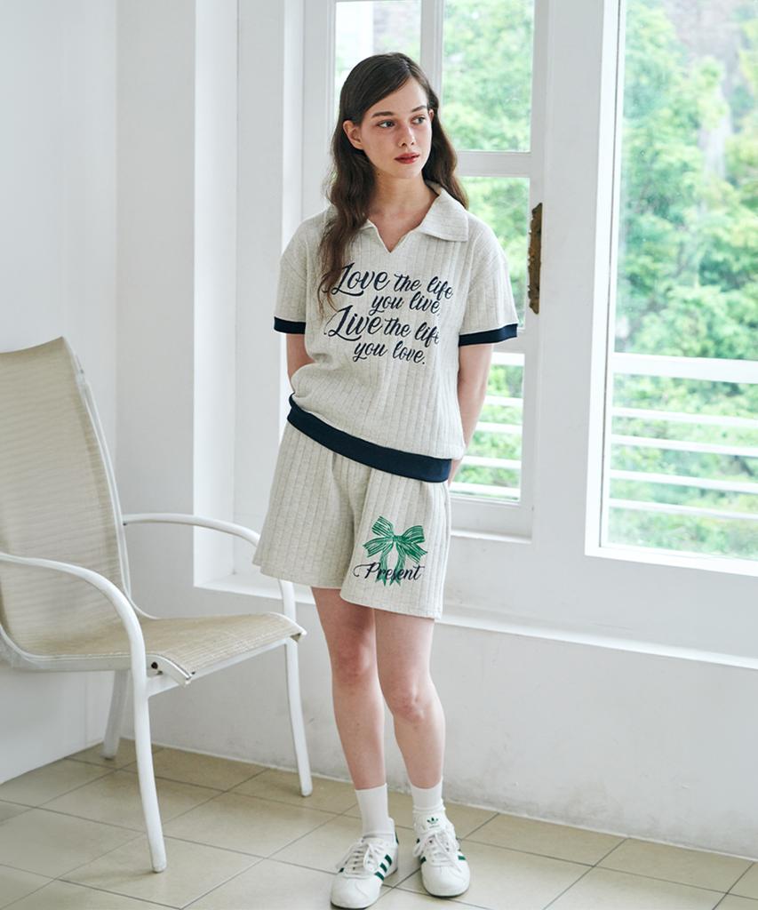 Metapeo Met Summer Knit Ribbon Print Short Sleeve Shorts Set