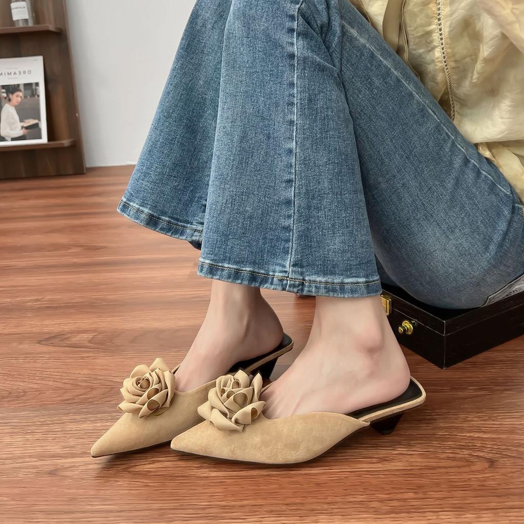 French Pointed Single Shoes Camellia Bag Head Cool Slippers Women's Summer Versatile Muller Shoes Women's 2025 Casual High-heeled Sandals