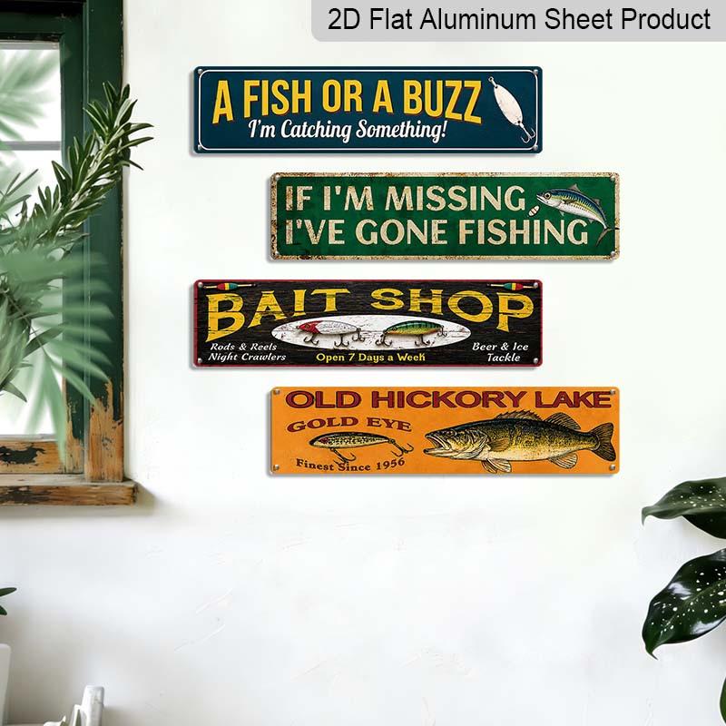 2D Flat 4Pair/Set Rustic Fishing Quote Aluminium Decorative Sign, Bass Fish Fishing Lure Vintage Aluminum Wall Plaque, Farmhouse Cabin Man Cave