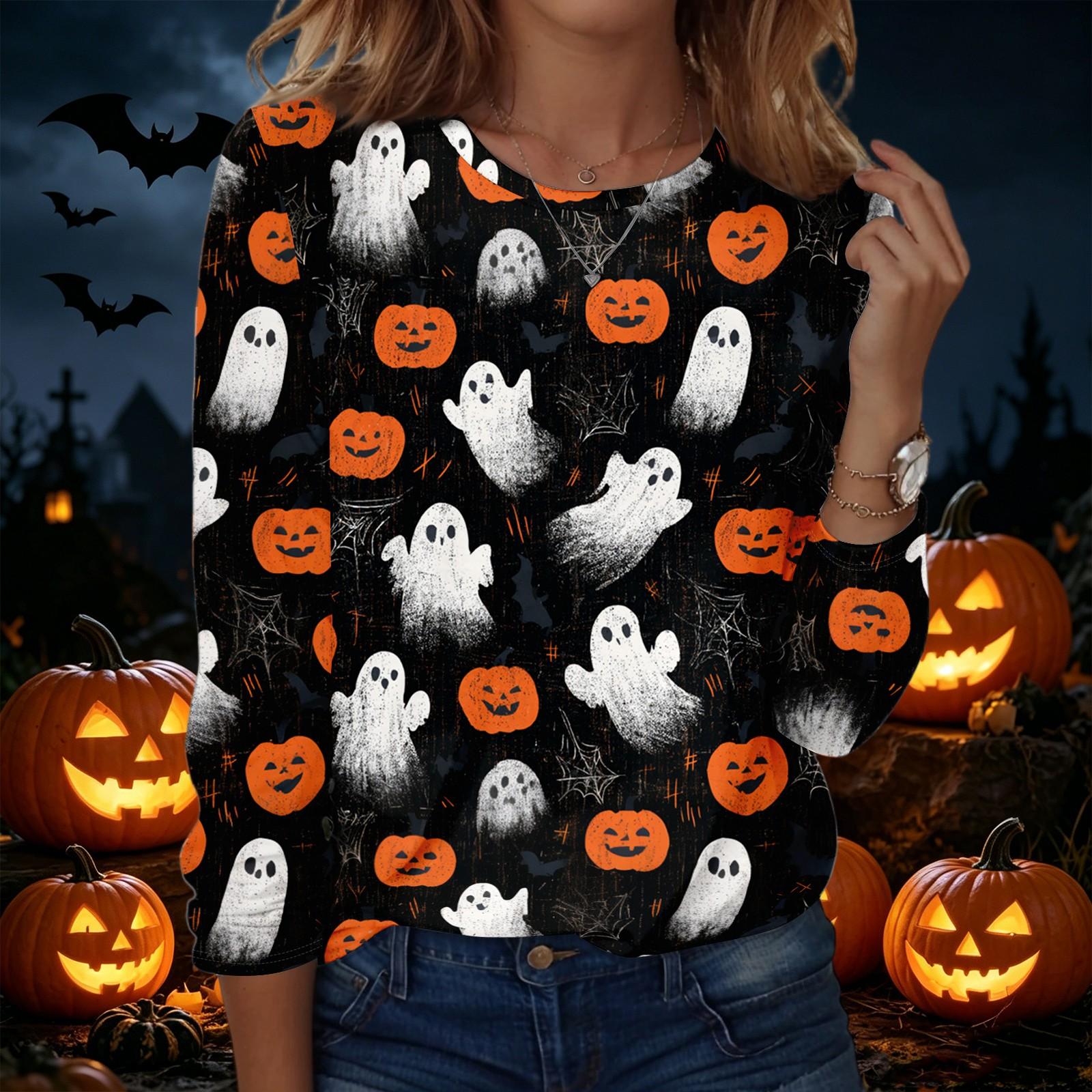 Women s Halloween Print Long Sleeve Round Neck Pullover Tunic Top L