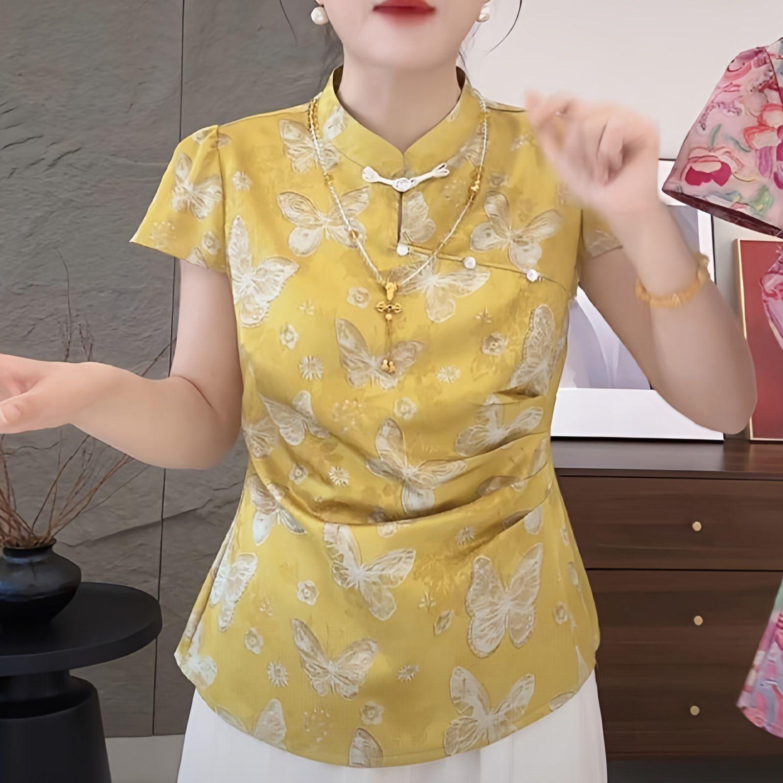 

Summer summer luxury temperament yellow printed short-sleeved shirt women s diagonal placket top M (under 50kg recommended) золотой