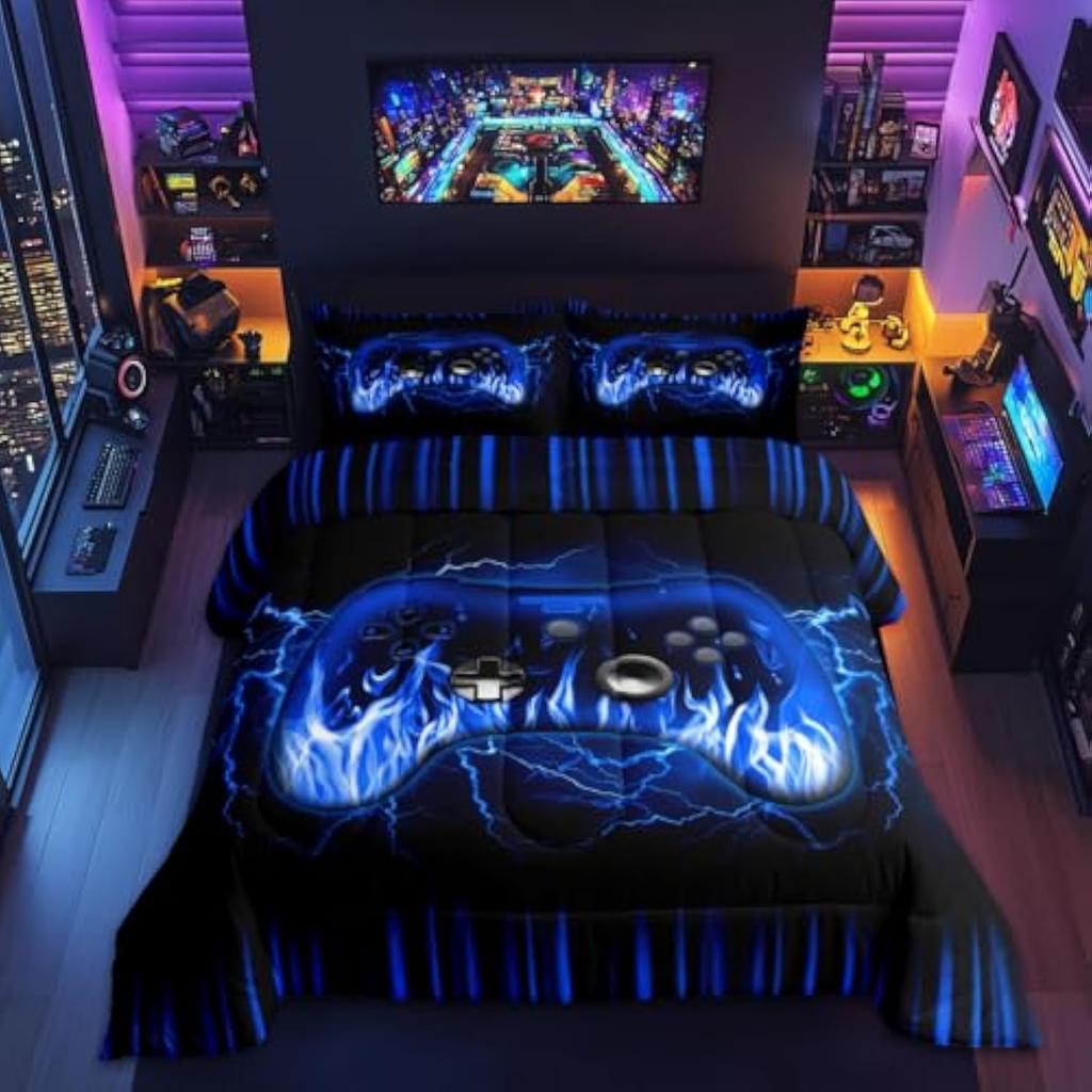 Boys Gamer Comforter Set3D Gaming Bedding Set Twin Size Room DecorRed and Black Video Game Geometric Gaming for Game Lovers