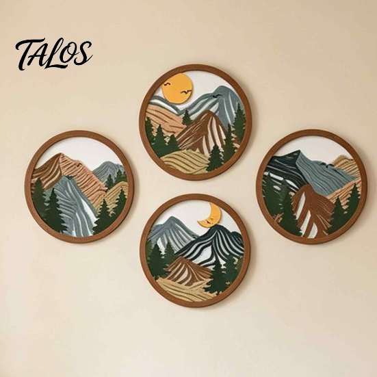 Wooden Forest Wall Art 4Pcs Boho Mountain Art, 2D Flat Abstract Landscape Decor, Geometric Hanging Sign, Natural Artwork, Sun Moon Pine Tree Decor for