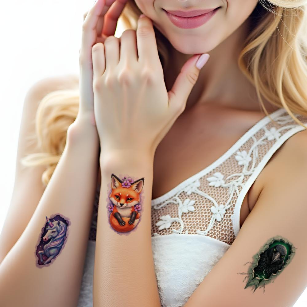 9pcs Temporary Tattoo Colorful Realism Crow Chameleon Fox For Women Adults Shoulders