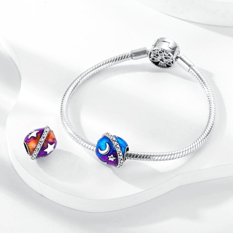 Charms Copper Plated Blue Star Moon Planet Orbit Pendants Fit Original Bracelet Beads Women Jewellery Making Diy