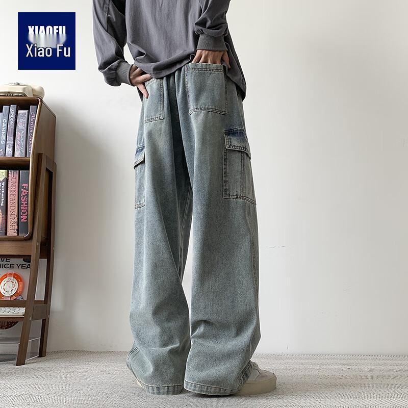 Xiaofu Men's Retro Embroidered Wide-Leg Jeans