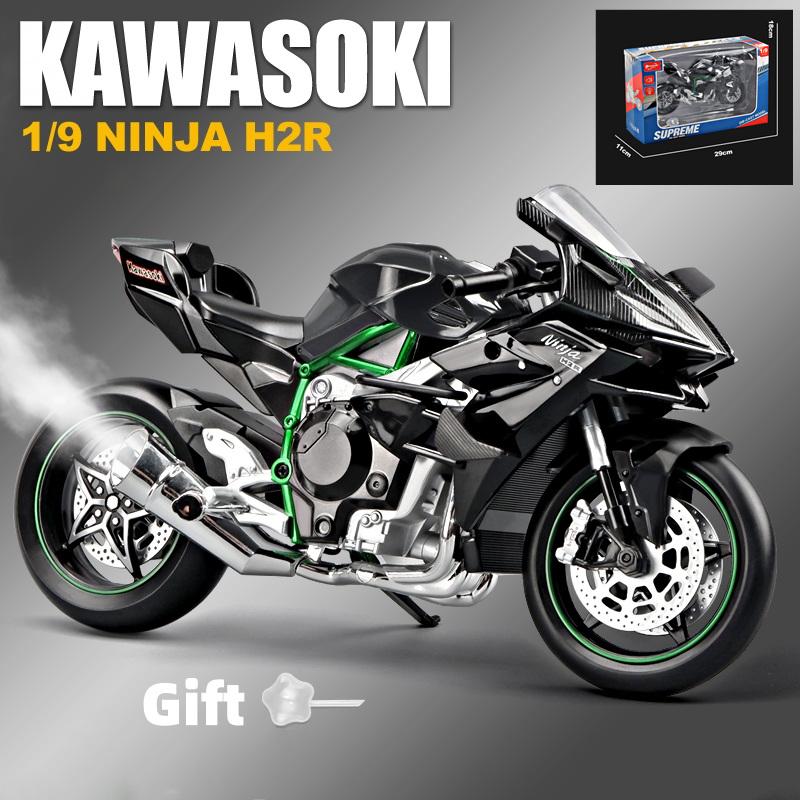 1/9 Kawasaki H2R Legierung Rennmotorrad Modell Diecasts Metallbahn Sportmotorrad Modell Ton und Licht mit Spray Kinderspielzeug Geschenke