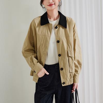 Color Blocking Patchwork Lapel Workwear Style Jacket for Women