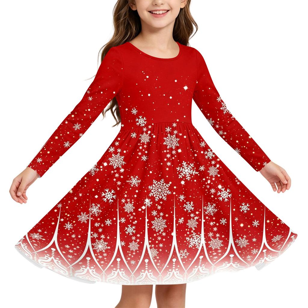 Girls Christmas Print Dress with Sleeves Long Sleeve Holiday Party Dress