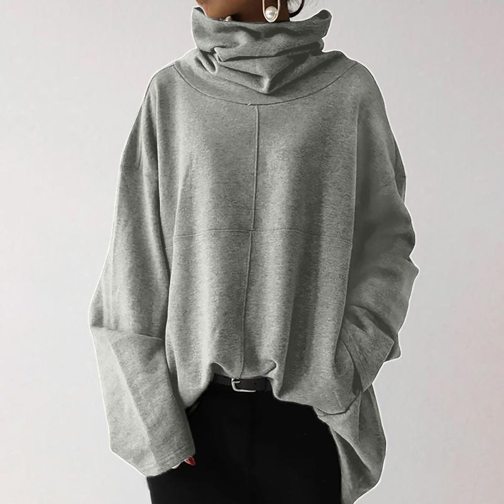 Women's Loose Casual Long Sleeve High Collar Pullover Solid Color Pocket Sweater