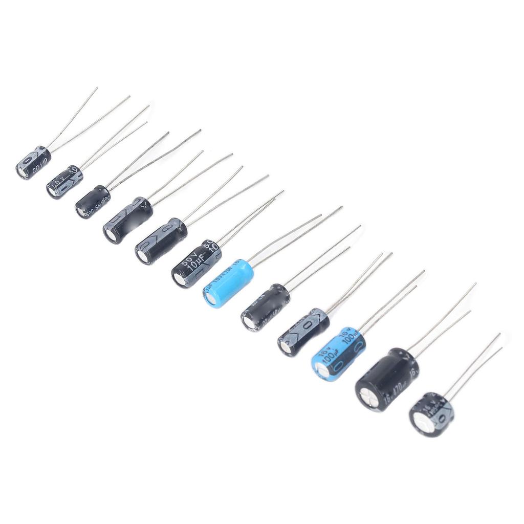 120 Stück 12 Typen Elektrolytkondensator Sortimentskit 0,22–470UF 50V 16V Schwarze In-Line-Kondensatoren