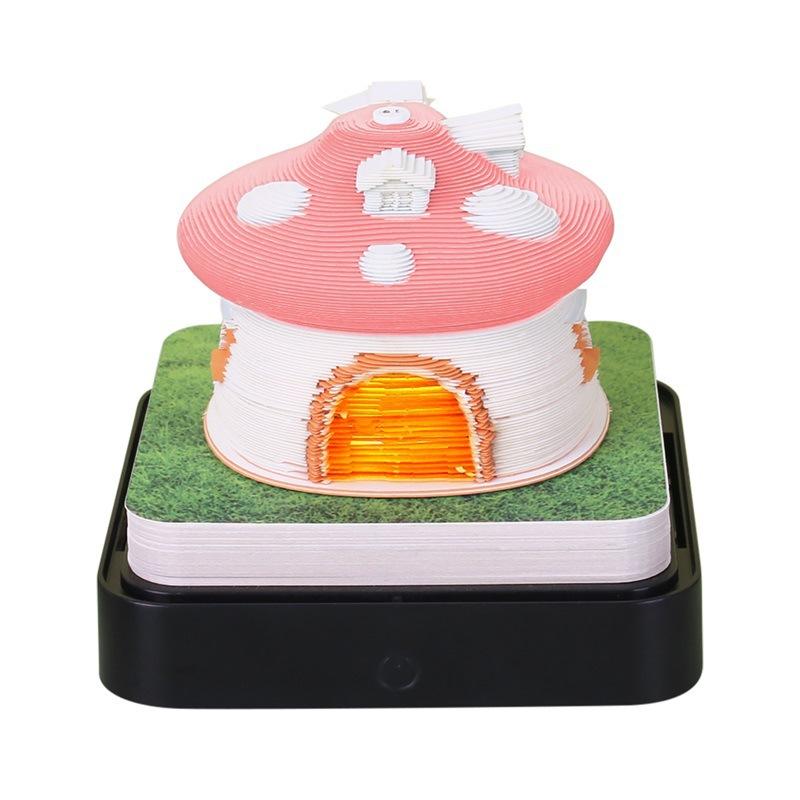 

2026 Desk Calendar With LED Light Mushroom House Sculpture 3D Tear-away Calendar Paper Carving Notepad Gift Desktop Decoration