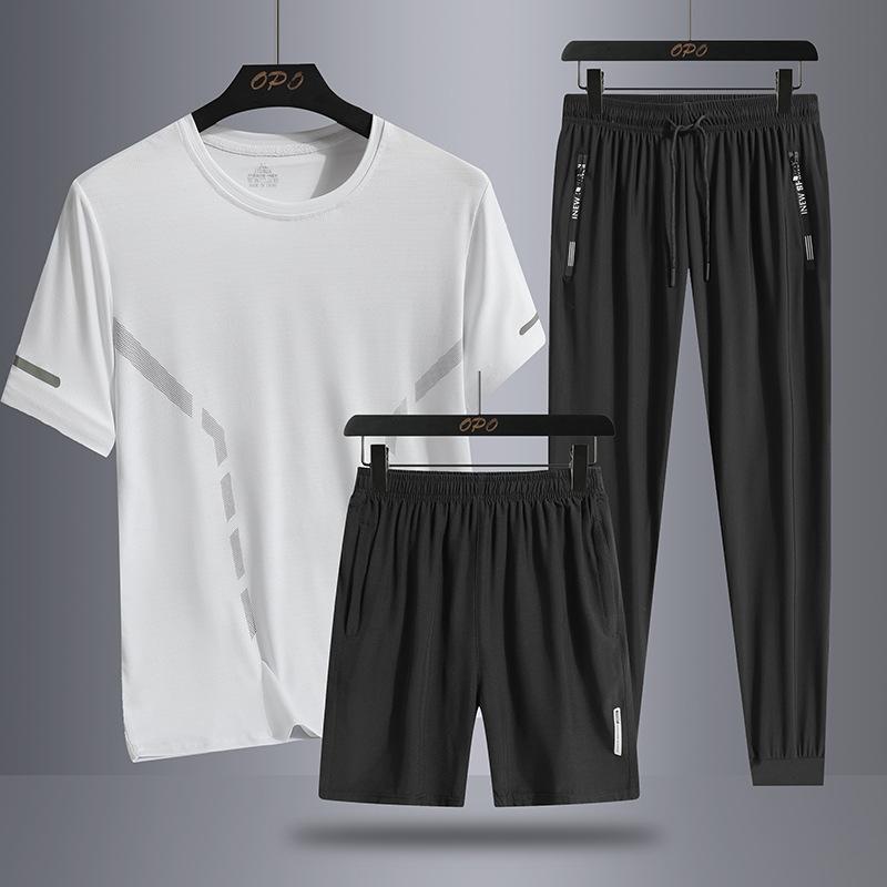 Men's Summer Simple Ice Silk Trendy Personalized Three Piece Set with Round Neck T-shirt Shorts Pants Loose Sports Set