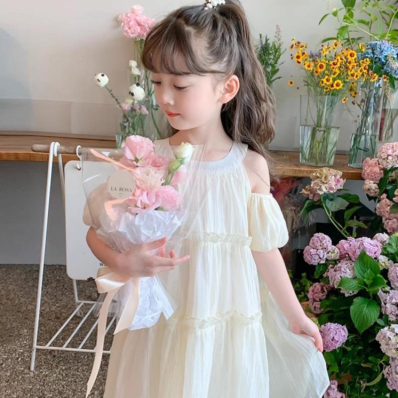Girls Short Sleeve Chiffon A-Line Summer Dress Off-Shoulder Princess Tiered Skirt