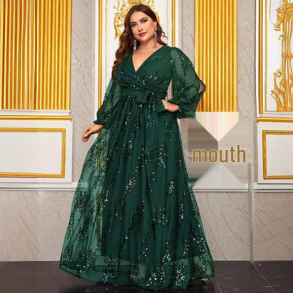 Damen Übergröße Pailletten Blumen Abendkleid mit Laternenärmeln und V-Ausschnitt