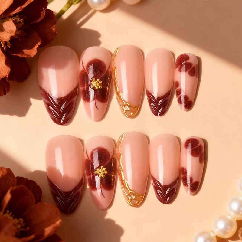 24pcs Handmade Rhinestone Leopard Print French Gold-Plated Almond Nails