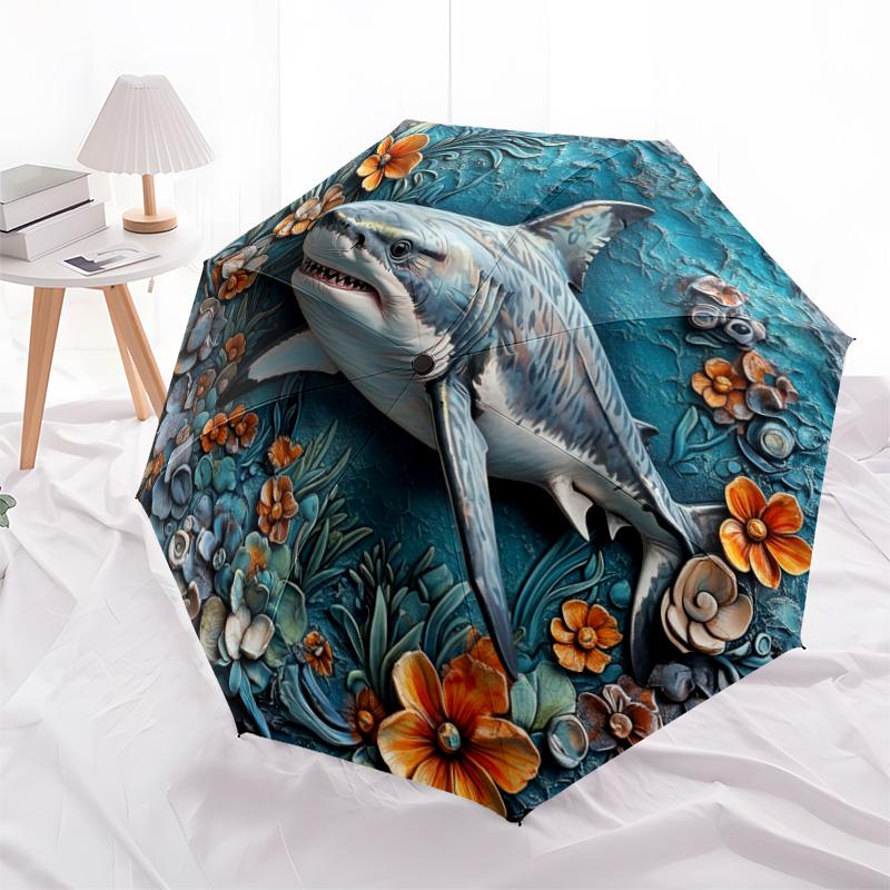 0106 Embossed Floral Marine Animals Pattern, Automatic Folding Umbrella, Portable and Foldable Design, 8 Ribs, a Christmas or Birthday Gift.