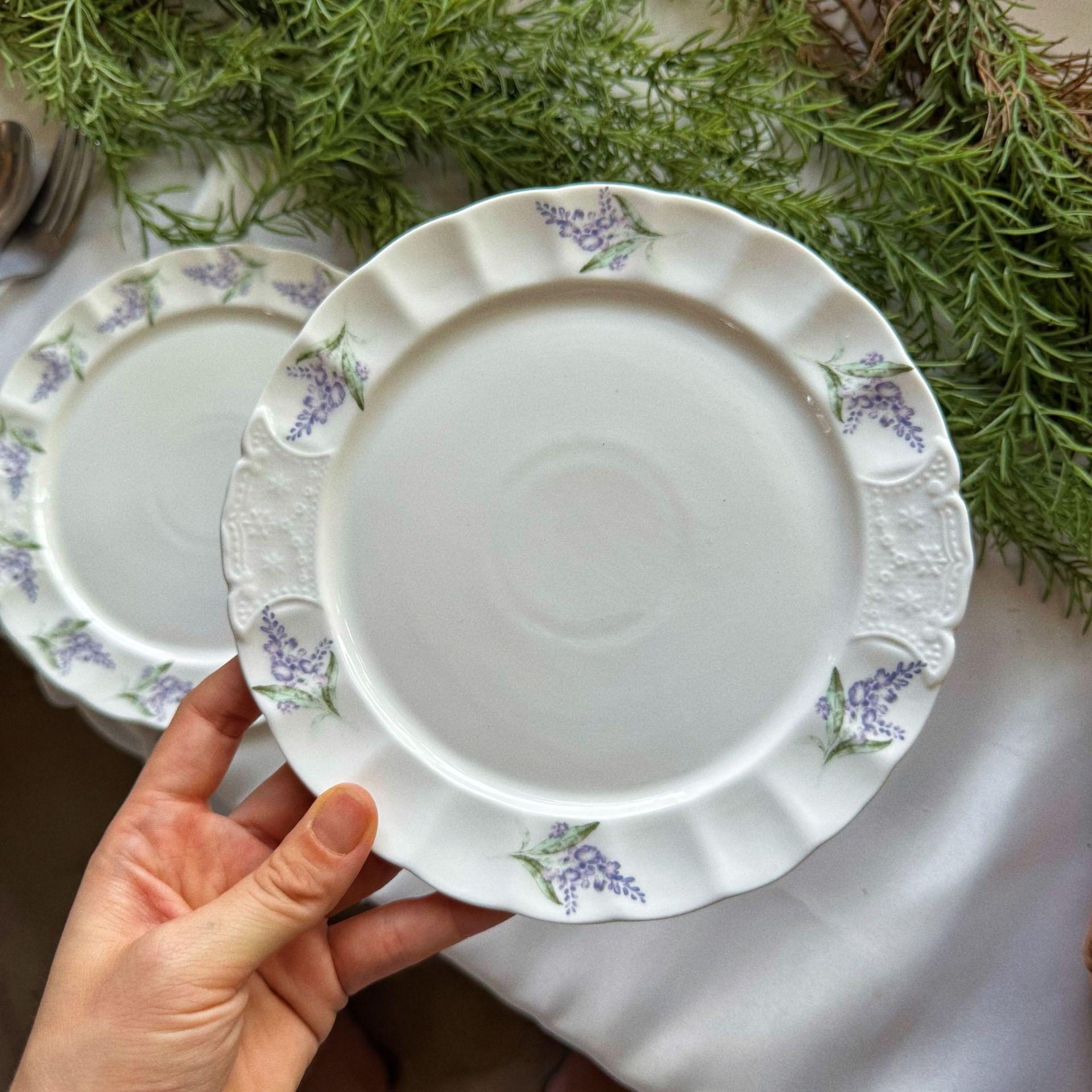 

French Vintage Violet Lace Ceramic Plate Dessert Plate Fruit Salad Plate