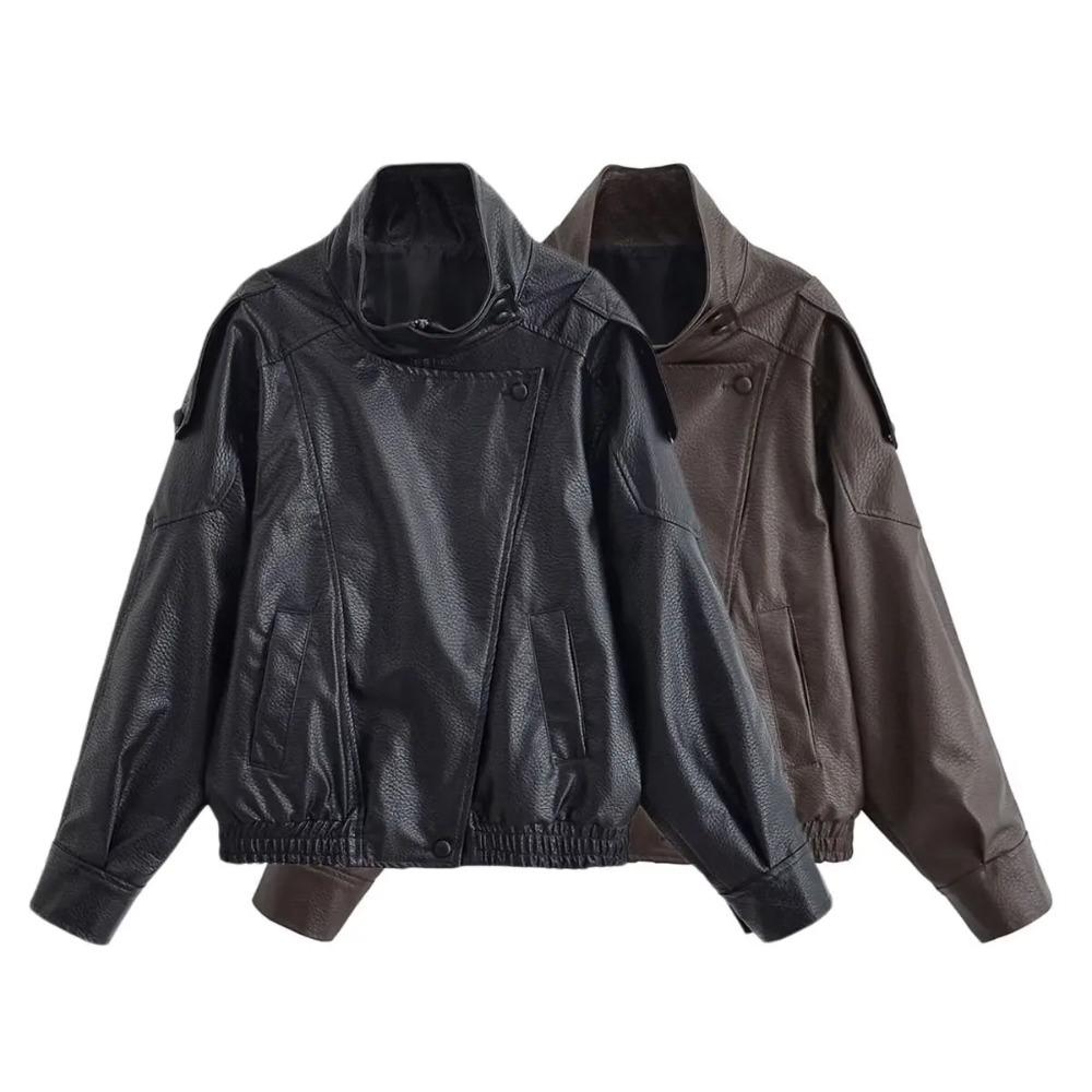 Giacca da Donna Autunnale in Ecopelle Chic con Zip e Revers a Punta Manica Lunga Giacca Capospalla