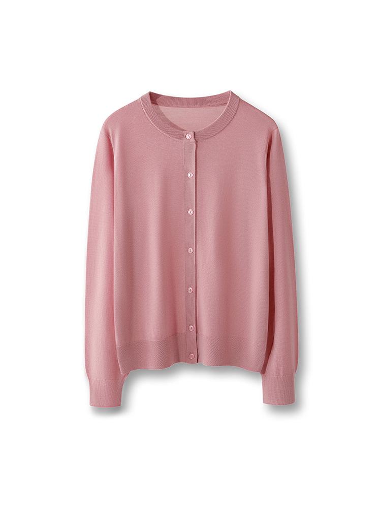 2026 Women's Elegant Fine Wool Cardigan - Loose, Slimming, Round Neck, Solid Color, Single-Breasted Outerwear