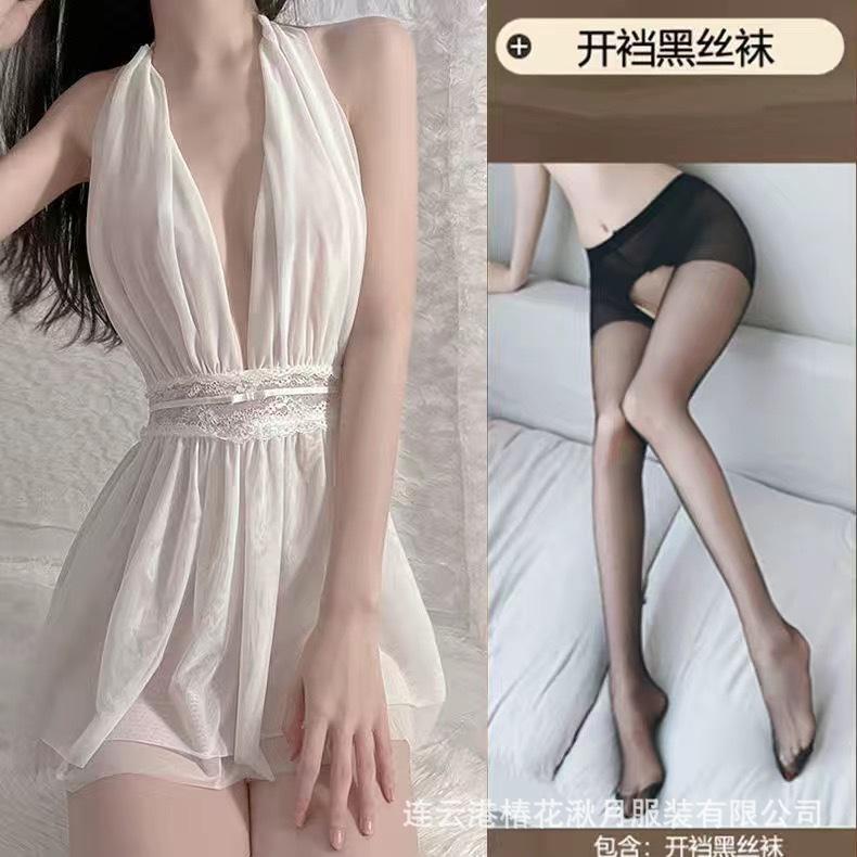 New perspective sex fun sexy mesh perspective low-cut backless women's loungewear set A93
