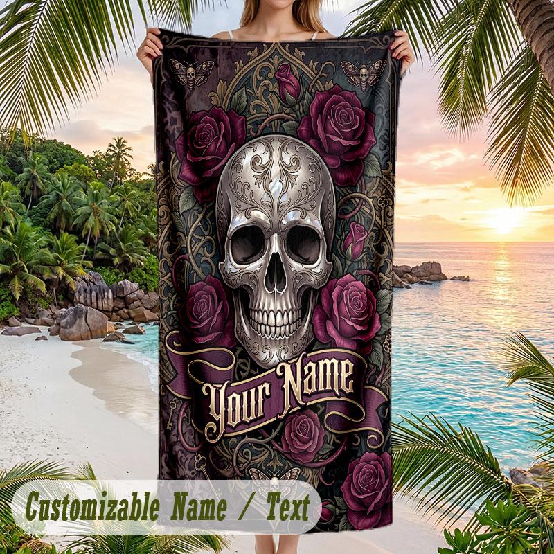 Skull Floral Fantasy Theme Quick Dry Beach Towel Custom Name Text Print Large Sand Resistant Towel Beach Vacation
