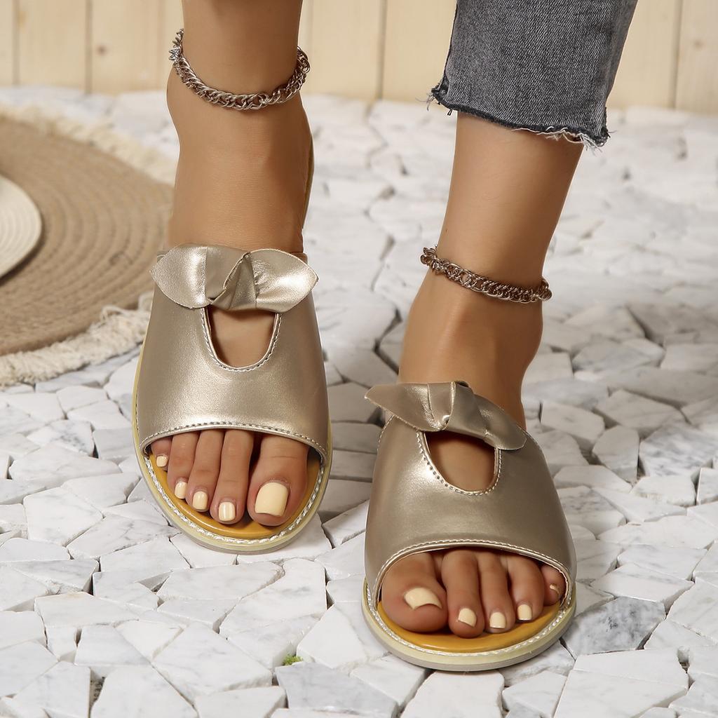 2025 Summer New Arrival Plus Size Women's Shoes Casual Solid Color Bow Stitching Thong Sandals