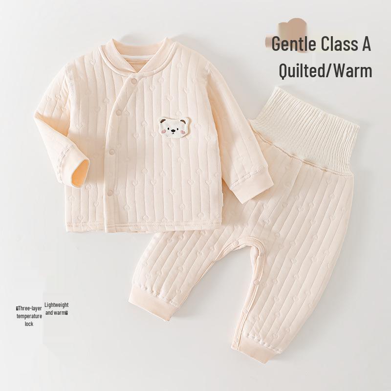 Newborn Quilted Three-Layer Pajama Set: High-Waist, Partial Opening Belly Protection Top & Pants for Autumn