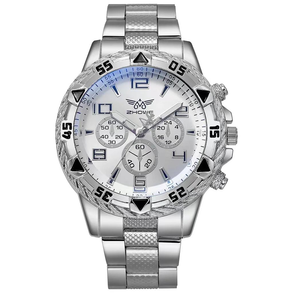 New Business Leisure Fashion Large Dial Alloy Steel Strip Blue Light Three Eye Men's Quartz Watch