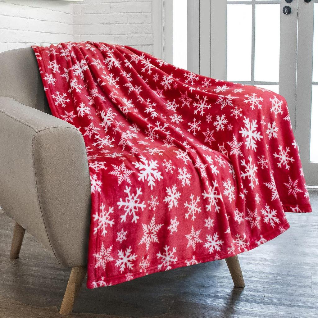 Red Snowflake Christmas Flannel Blanket - Soft and Cozy for Bed, Car, or Sofa, Perfect Holiday Gift.
