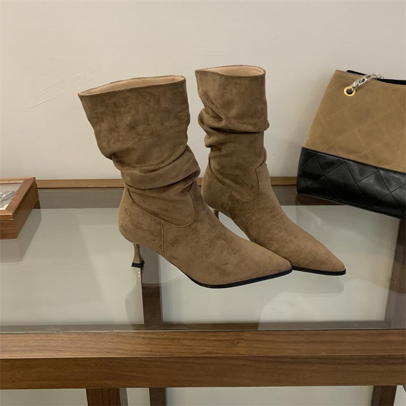 Mi Ting Mid Boots Retro Suede Wrinkled Thin Stacking Boots Women's Autumn and Winter Pointed High Heel Thin Boots Simple Short Boots