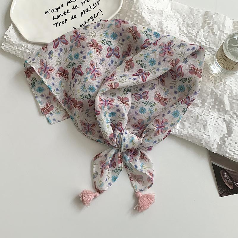 Women's silk scarf square scarf high-end neck protection scarf small fresh decorative floral headscarf hair band fringed hair accessories