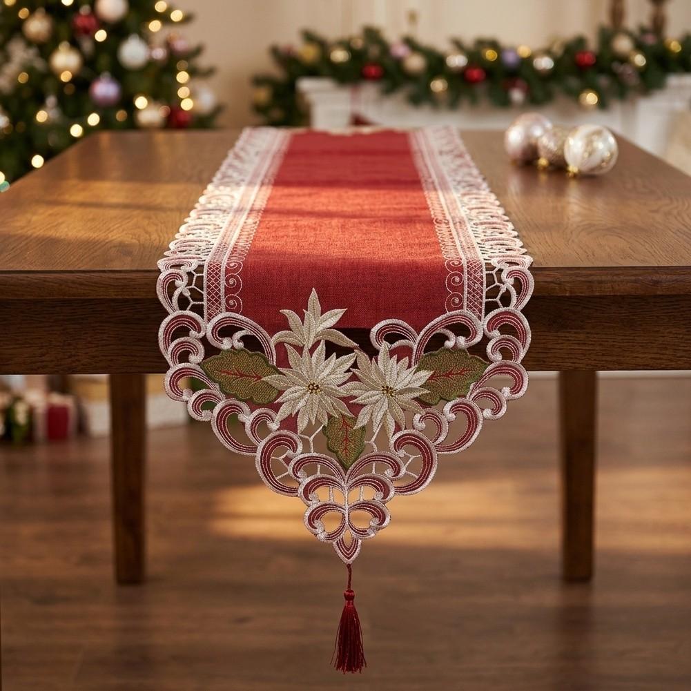 Polyester Table Scarf 40x175CM Red Festive Design with Embroidered Flowers and Hanging Tassel for Dining Table