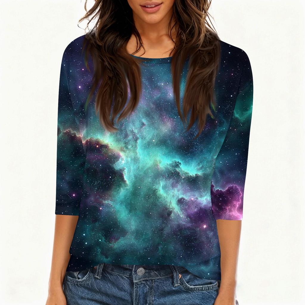 Camiseta de mujer con estampado de manga 3/4, básica, cuello redondo, para uso diario y fin de semana.