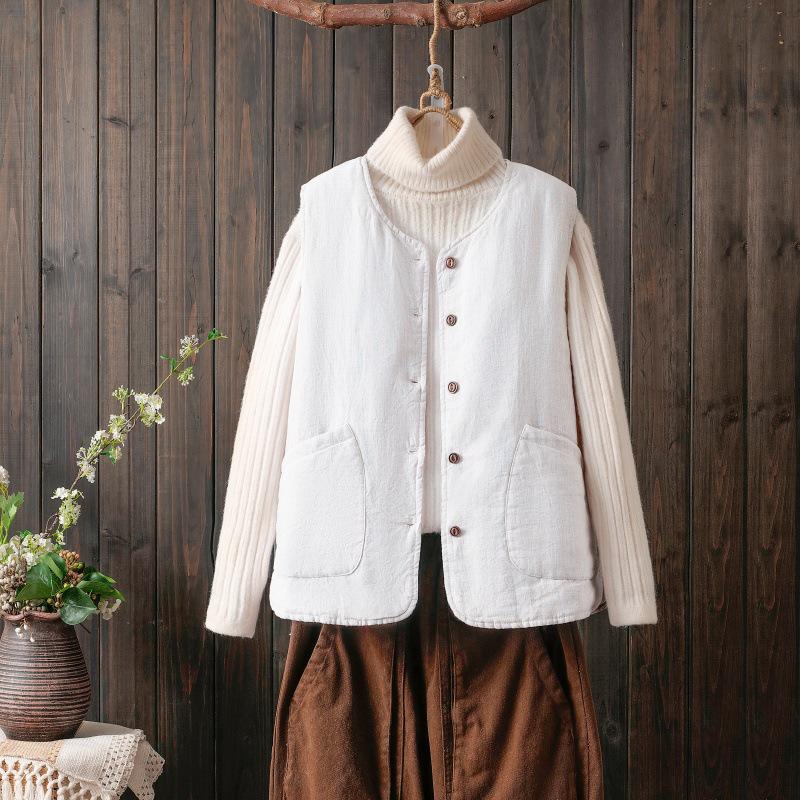 Warm Yangyang Women s Retro Pitaya Cotton Linen Padded Vest - 2025 Autumn/Winter Collection XL миндальный/слоновая кость