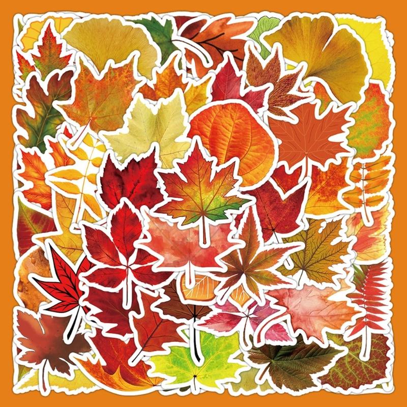 50 Sheets Removable Autumn Leaf Design Stickers For Notebook Wall Phone Cases Paper Maple Leaf Sticker Decorative Art