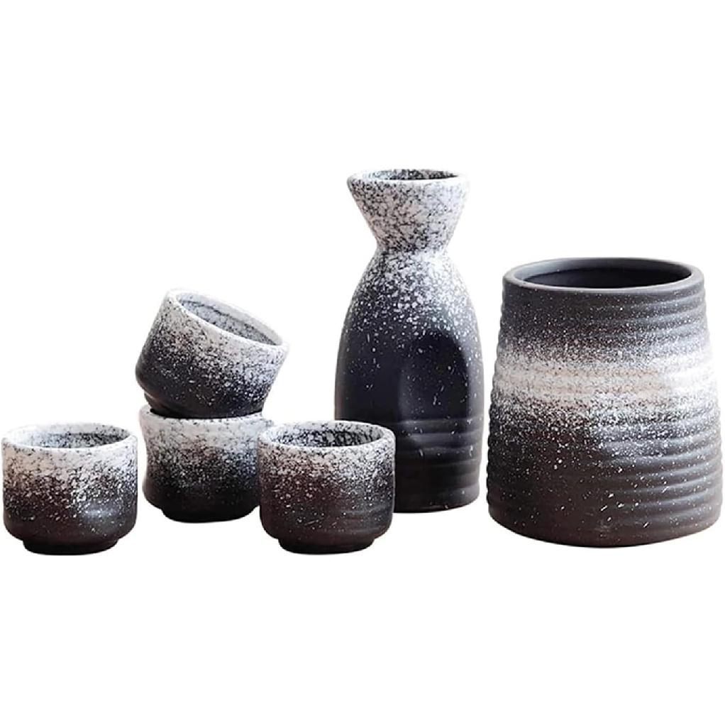6 PCS Sake Set with Warmer, Japanese Traditional Ceramic Japanese Sake Cup Sets with Warmer, 1 Sake Pot, 4 Sake Cup and Warming Pot