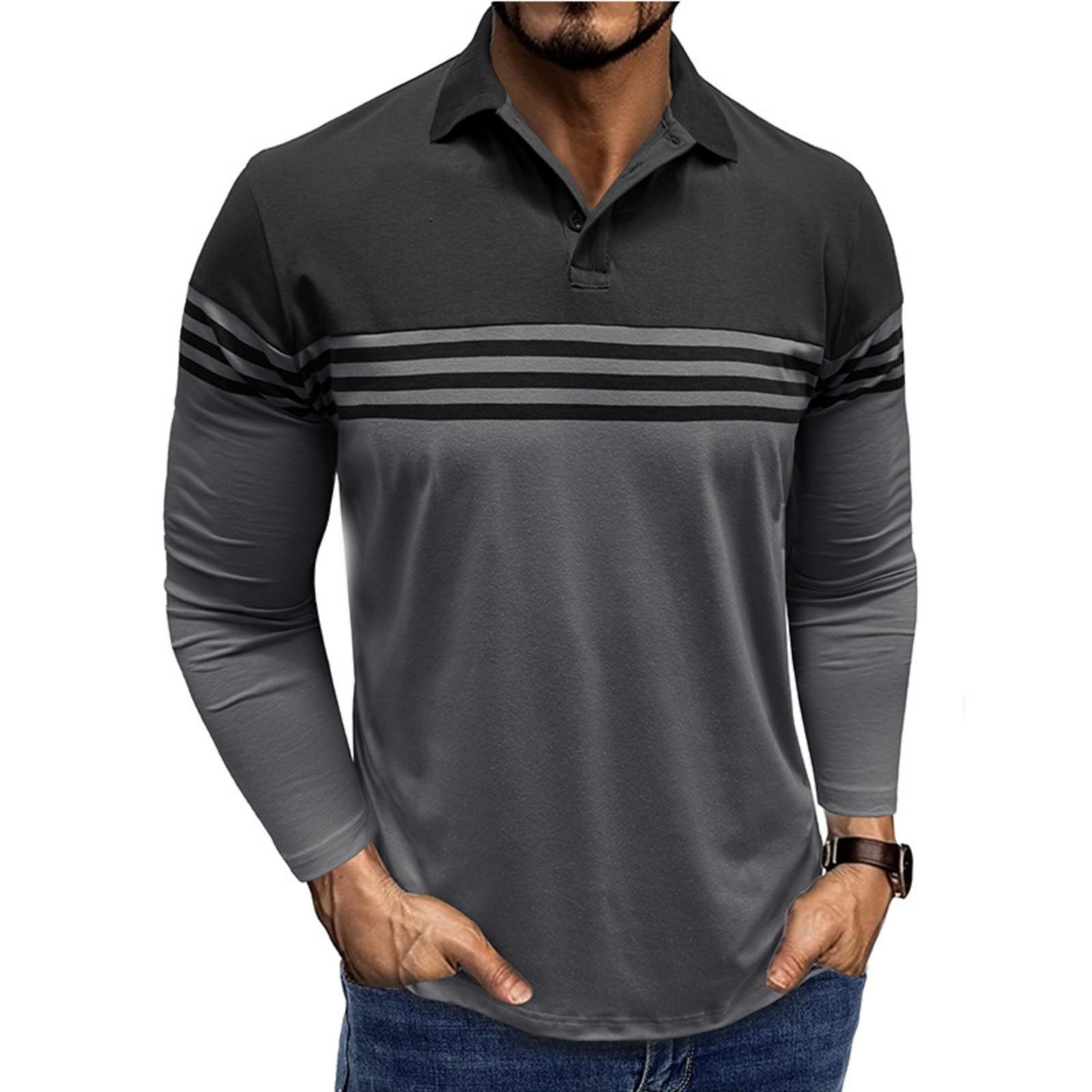 Men’s Long Sleeve Polo Shirt, Casual Color Block Stripe Design, Soft Breathable Cotton Blend Top for Everyday Wear XXL чёрный
