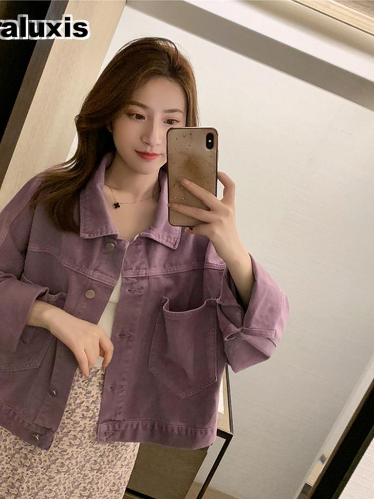 Small Size Loose Fit Slim Purple Denim Short Jacket Women Spring Korean Style Casual Top