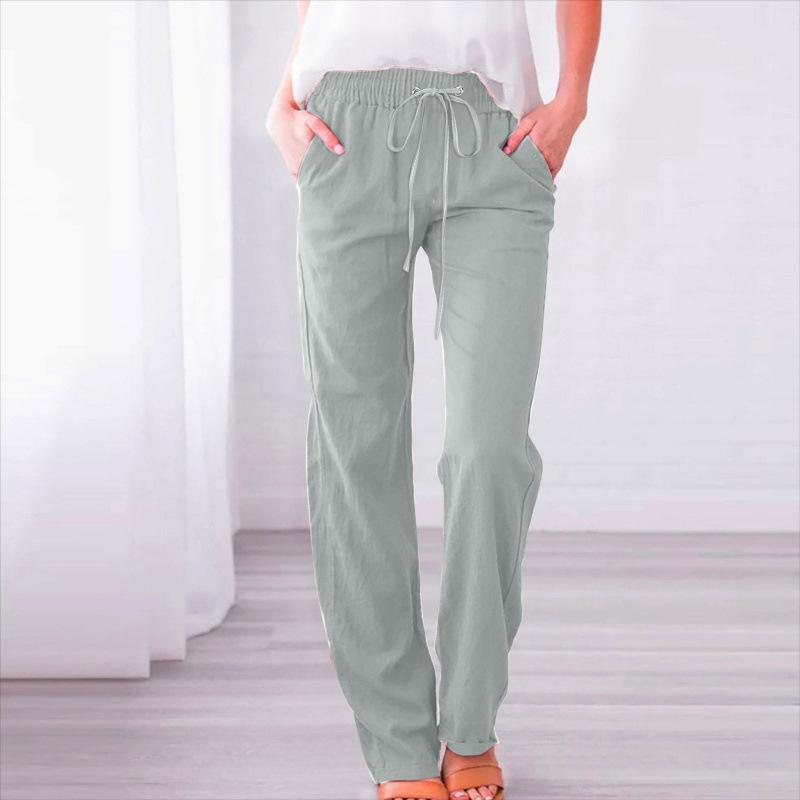 Damen Baumwolle Leinen Kordelzug Hose Elastischer Bund Lässige Einfarbig Hose Baggy Locker Gerades Bein Atmungsaktive Jogginghose