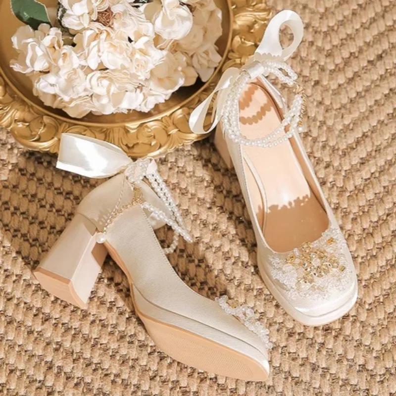 

Fashion Women s Fashion Coarse Heel Shoes Fall New Square Head Shallow Mouth Crystal Anti-slip Wear-resistant Low-top Shoes 34 бежевый