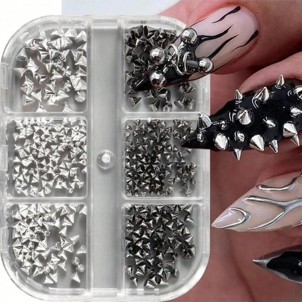 Edgy Y2K Goth Grunge Nail Charms – Spike Cone Rivet Studs in Black Silver Gold, Punk Alloy Nail Art Accessories Kit